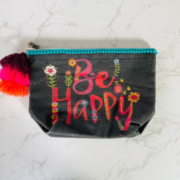 NATURAL LIFE Handbags - Natural Life Boho 'Be Happy' Pom Pom Floral Canvas Zipper Cosmetic Pouch Bag